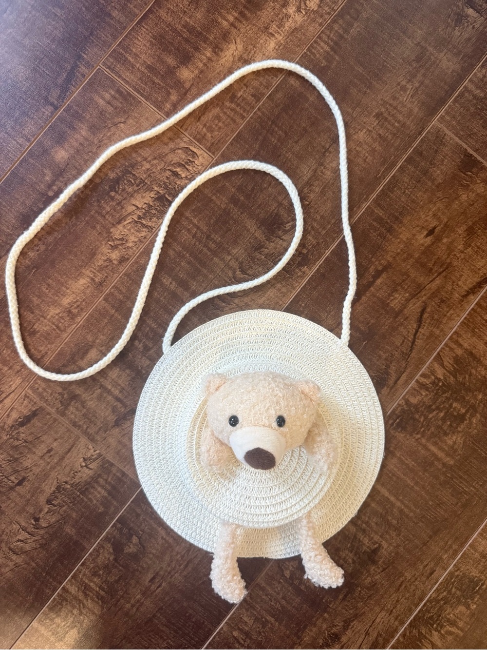 Kids Cute Bear Straw Crossbody Bag - Cream